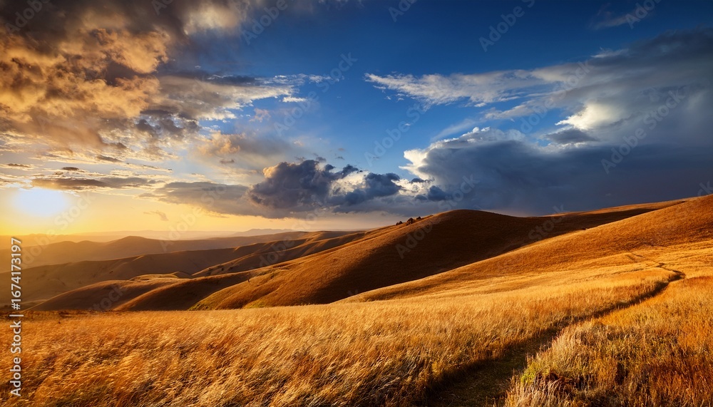 Obraz premium golden hillside under dramatic sunset sky with fluffy clouds
