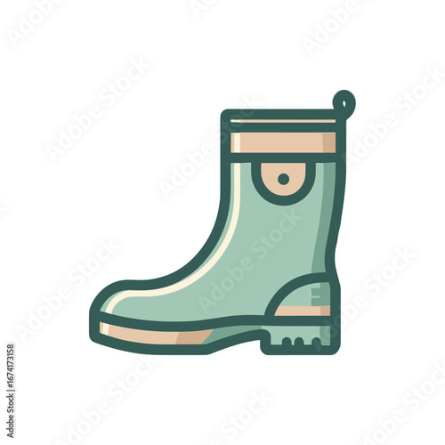 A stylish green rubber boot positioned against a clean white background, ideal for fashion or outdoor themes