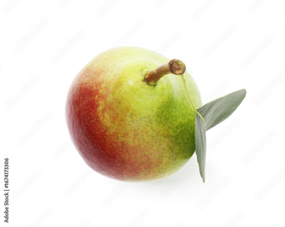Fototapeta premium Whole ripe pear with leaf isolated on white, top view