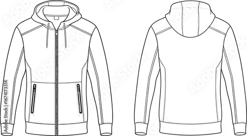 Front and back detailed vector illustration of a color-blocked zip-up hoodie with drawstring hood, zippered pockets, ribbed cuffs, and ribbed waistband for casual wear.