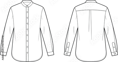 Front and back technical flat illustration of classic mandarin collar shirt with long sleeves, button-down front, and detailed cuff design for fashion.