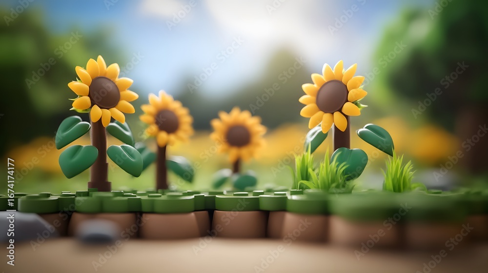 Fototapeta premium Cute Cartoon Sunflowers in Miniature Garden Scene