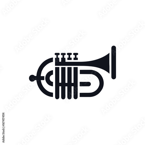 A stylized illustration of a musical instrument, showcasing a brass horn in a minimalist design