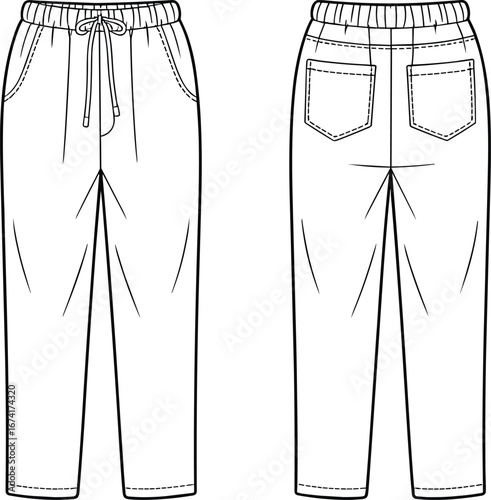 Front and back view of casual drawstring pants with elastic waistband, side pockets, and back pockets, simple vector line art fashion illustration.