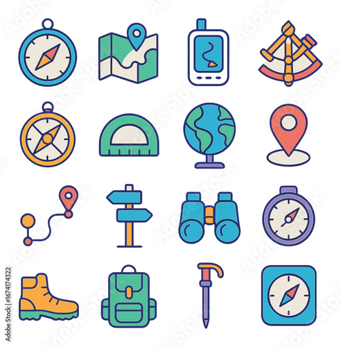 Flat navigation icon set featuring compass, map, gps, sextant, globe, marker, and binoculars symbols