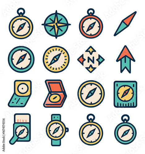Flat navigation icon set featuring compass, map, gps, location, direction, and travel symbols