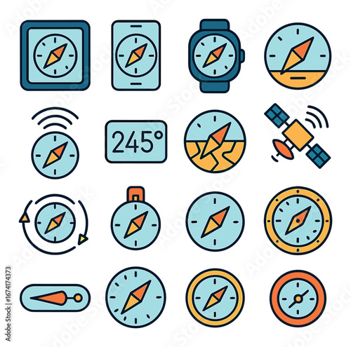 Linear navigation icons set featuring compass, map, gps, smartwatch, satellite, and location symbols