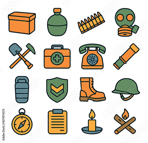 Linear military icon set featuring water bottle, gas mask, compass, helmet, and more symbols