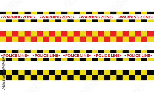 Police line and warning tape with stop, danger, and caution symbols, security barrier and cautionary measures, Warning zone, danger tapes. Security Caution Tape Set. Vector