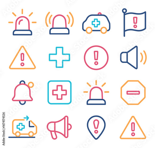 Neon emergency icons set: ambulance, alarm, warning, medical, alert, speaker, cross, notification