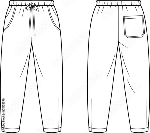 Front and back view of casual drawstring pants with elastic waistband, side pockets, and single back pocket, simple vector fashion illustration.