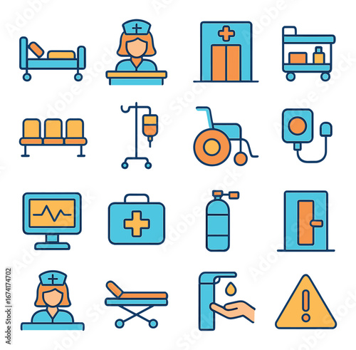 Linear healthcare icon set featuring hospital, nurse, bed, wheelchair, and medical equipment symbols