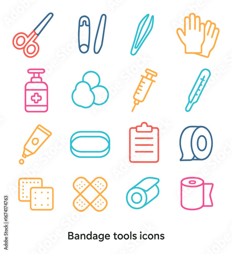 Neon linear bandage tools icon set featuring scissors, syringe, thermometer, gloves, tape, and more
