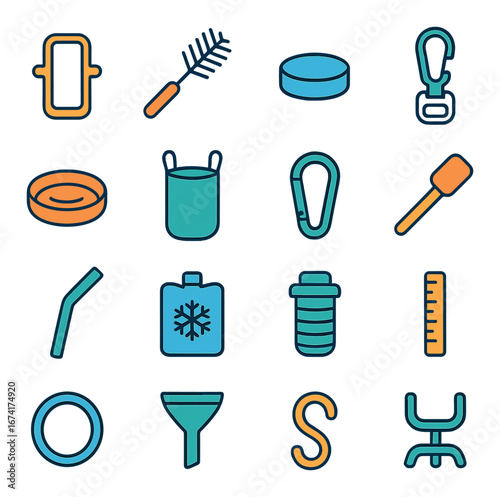 Linear cleaning and laundry icon set featuring brush, zipper, bucket, sponge, and ruler