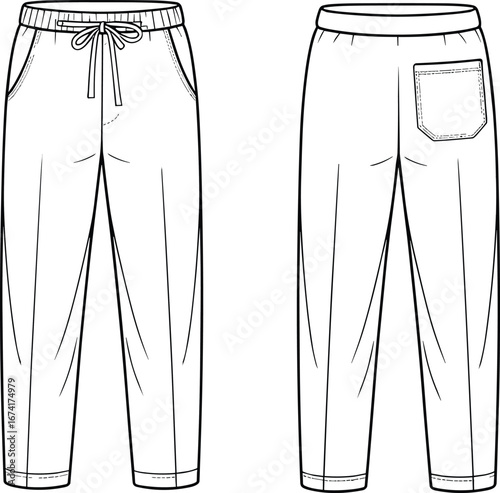 Front and back view technical flat illustration of casual drawstring pants, comfortable joggers design, perfect for fashion design and apparel branding.