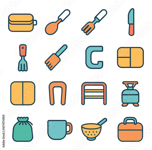 Linear kitchenware icon set featuring spoon, fork, knife, container, apron, cup, and colander symbols