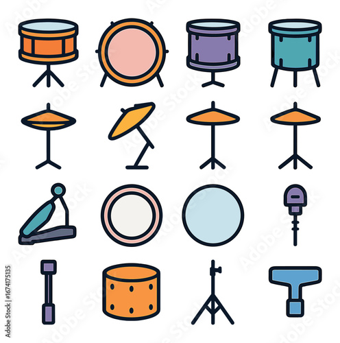 Linear music instrument icons set featuring drums, cymbals, pedal, and stand symbols