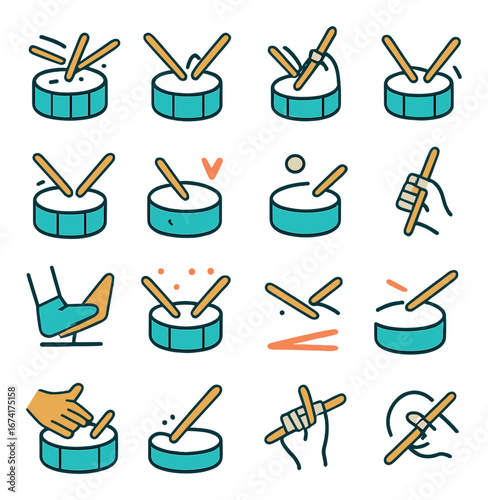 Linear drum icon set featuring drumstick, snare, bass, cymbal, hand, foot, tuning, rimshot, brushes, and jazz symbols