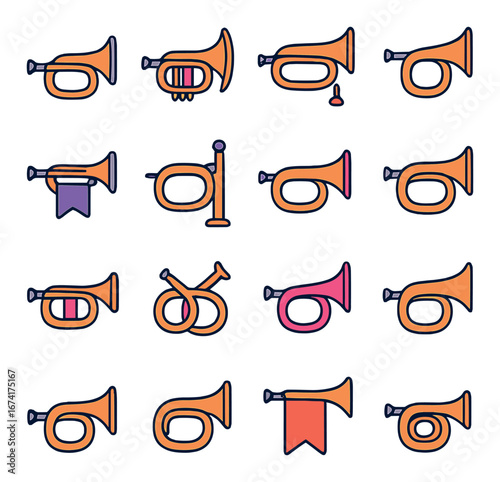 Linear music icon set featuring trumpet, cornet, french horn, and trumpet with flag