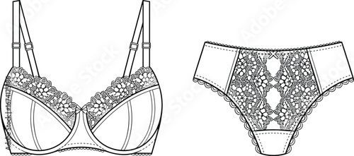 Front view detailed vector illustration of lace bra and matching lace panties with floral patterns, adjustable straps, and delicate stitching, fashion lingerie set.