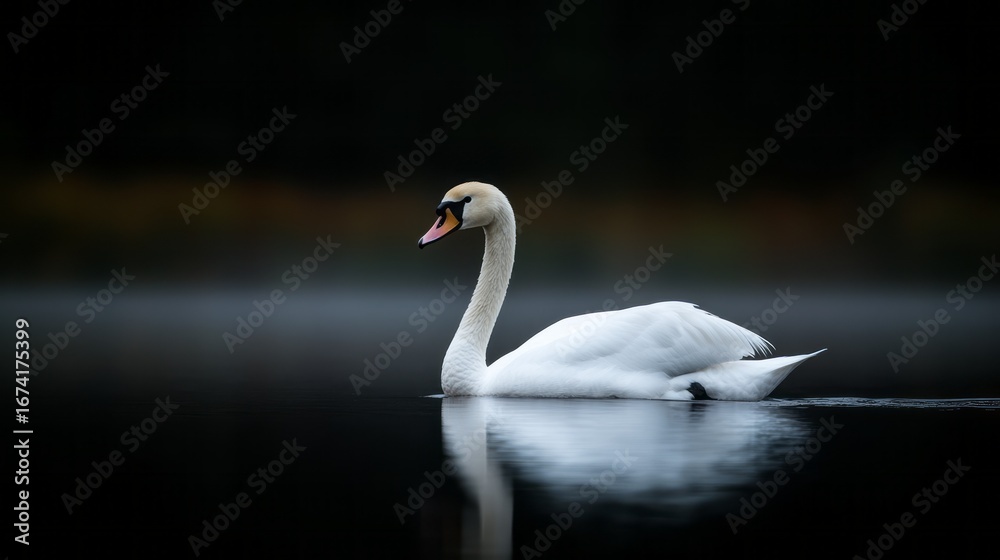 Fototapeta premium Elegant White Swan Gliding Calmly on Serene Dark Water Surface at Dusk