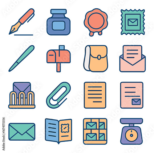 Linear communication icon set featuring pen, mailbox, letter, envelope, stamp, and paper symbols