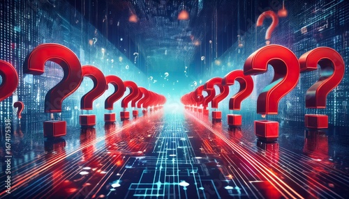 red question marks in a digital data stream representing online search and information overload