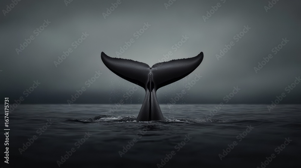 Fototapeta premium Majestic Whale Tail Emerging from Dark Ocean Aboard Ethereal Misty Background Just Before Dawn