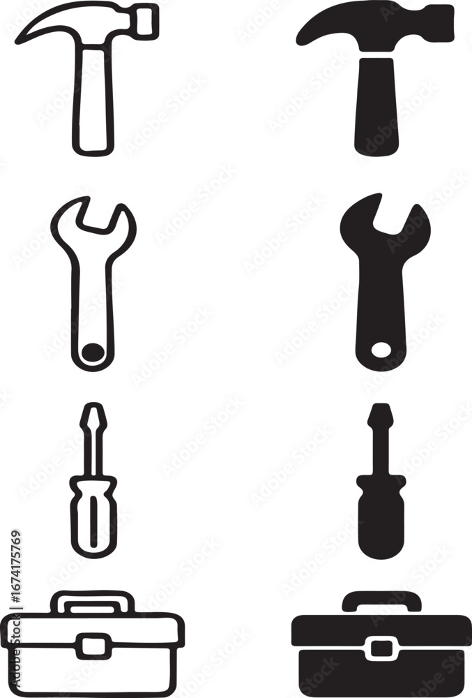 Fototapeta premium A collection of black construction tools like a hammer, screwdriver, and saw are displayed as vector silhouettes in this illustration
