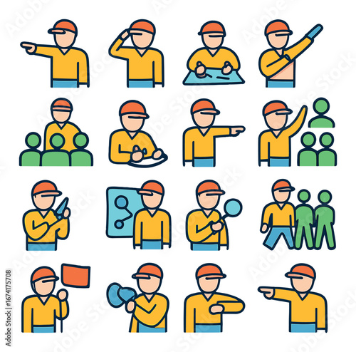 Linear construction worker icons set featuring survey, blueprint, safety, teamwork, and communication symbols