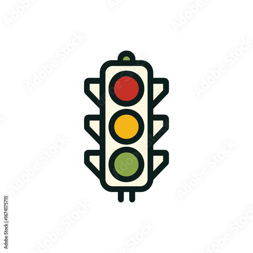 A vibrant traffic light displaying red, yellow, and green signals against a white background