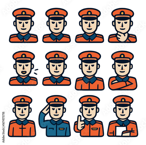 Flat military officer icons set featuring salute, thinking, pointing, talking, crossing arms, and holding clipboard