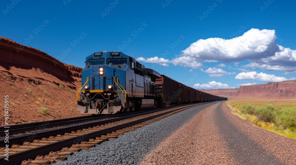 Obraz premium Freight train traveling through colorful desert landscape with dramatic blue sky and clouds