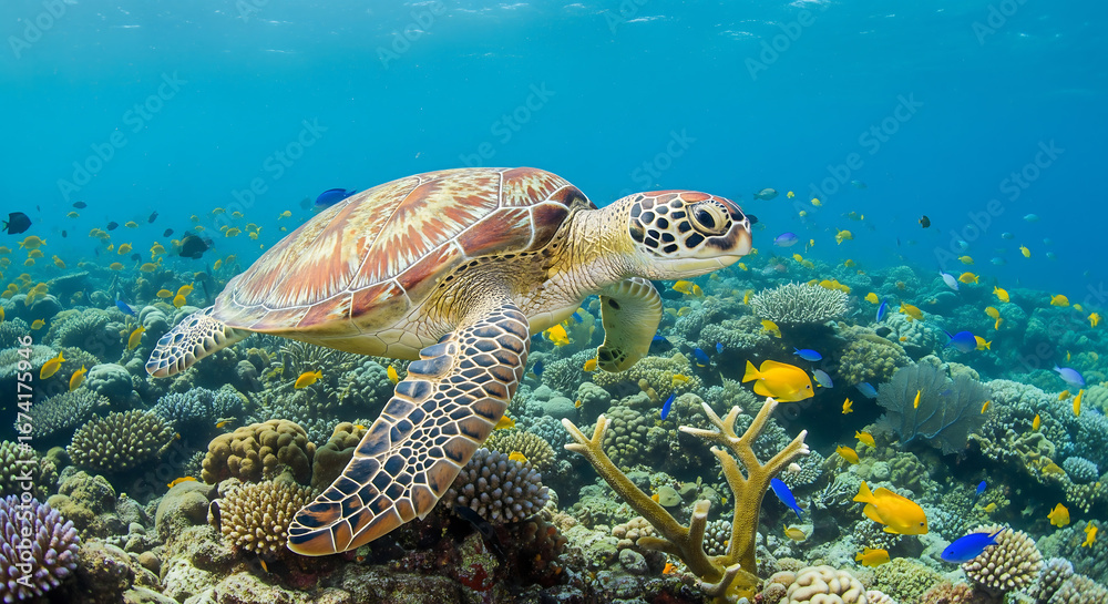 Obraz premium Sea turtle swimming above a vibrant coral reef with colorful fish