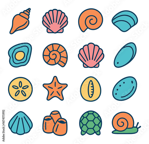 Flat seashell icon set featuring conch, clam, spiral, starfish, sand dollar, turtle, and snail designs