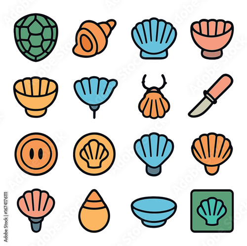 Linear sea life icon set featuring shell, conch, turtle, and knife symbols
