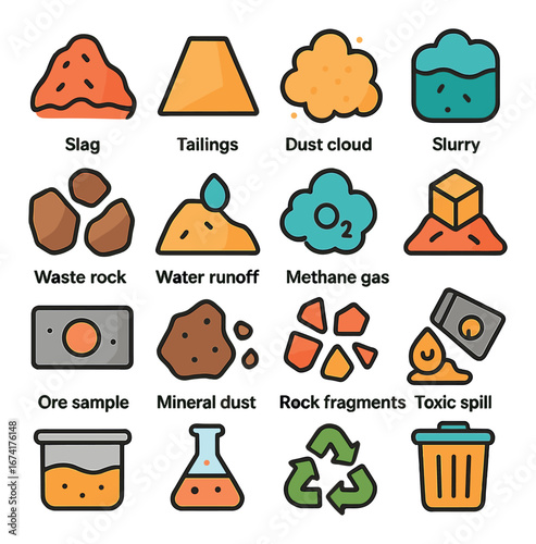 Flat mining safety icon set featuring slag, tailings, dust cloud, slurry, and methane gas symbols