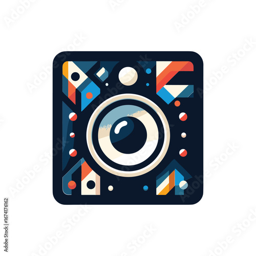 Abstract camera illustration featuring geometric shapes and vibrant colors on a dark background