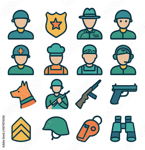 Linear military icon set featuring soldier, weapon, helmet, badge, whistle, and binocular symbols