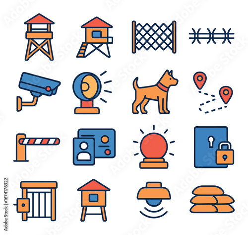 Flat security icons set featuring camera, alarm, dog, fence, gate, lock, and siren symbols