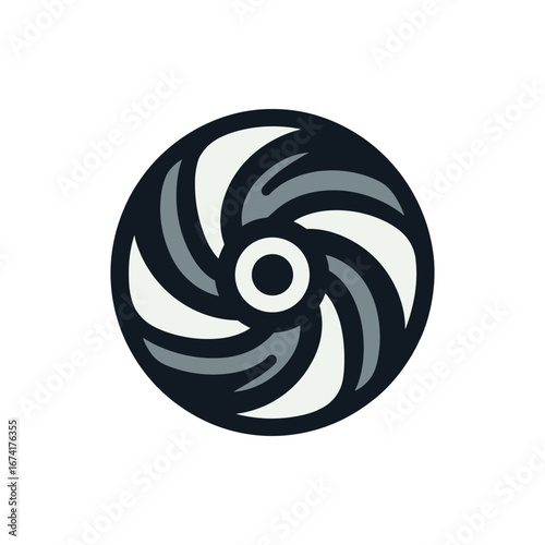 Abstract design featuring a circular fan or turbine shape with flowing blades in motion