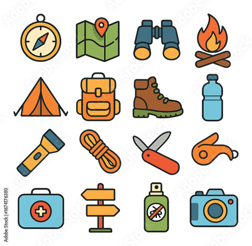 Flat camping icon set featuring compass, map, binoculars, campfire, tent, backpack, and hiking boot symbols