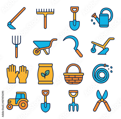 Linear gardening tools icon set featuring hoe, rake, shovel, watering can, wheelbarrow, gloves, and tractor