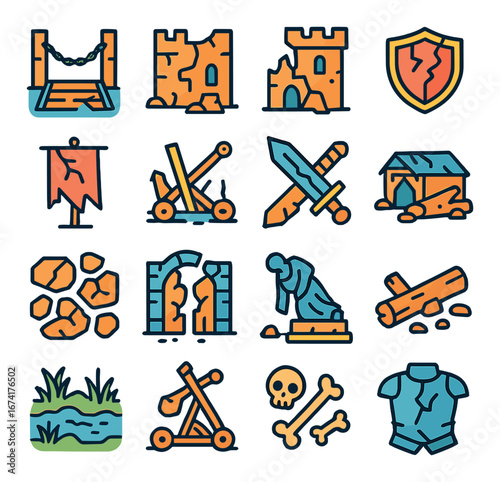 Linear medieval icons set featuring castle, shield, catapult, armor, sword, and battlefield elements