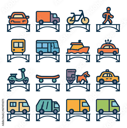 Linear transport icon set featuring car, truck, bicycle, pedestrian, bus, bike, skateboard, taxi, van