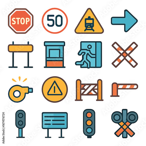 Linear transportation icon set featuring stop, speed limit, railway, exit, traffic light, and barrier symbols