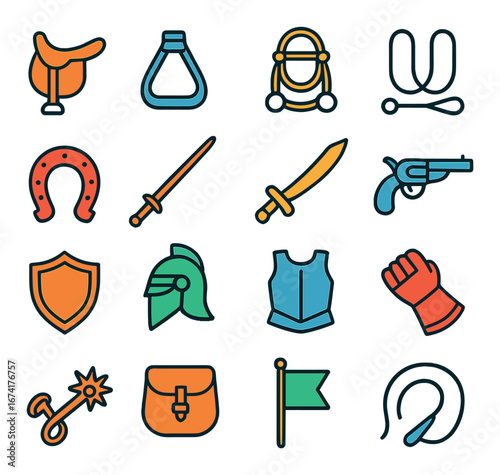 Linear medieval icon set featuring saddle, stirrup, bridle, reins, horseshoe, sword, cutlass, pistol, shield, helmet, armor, glove, spur, satchel, flag, rope