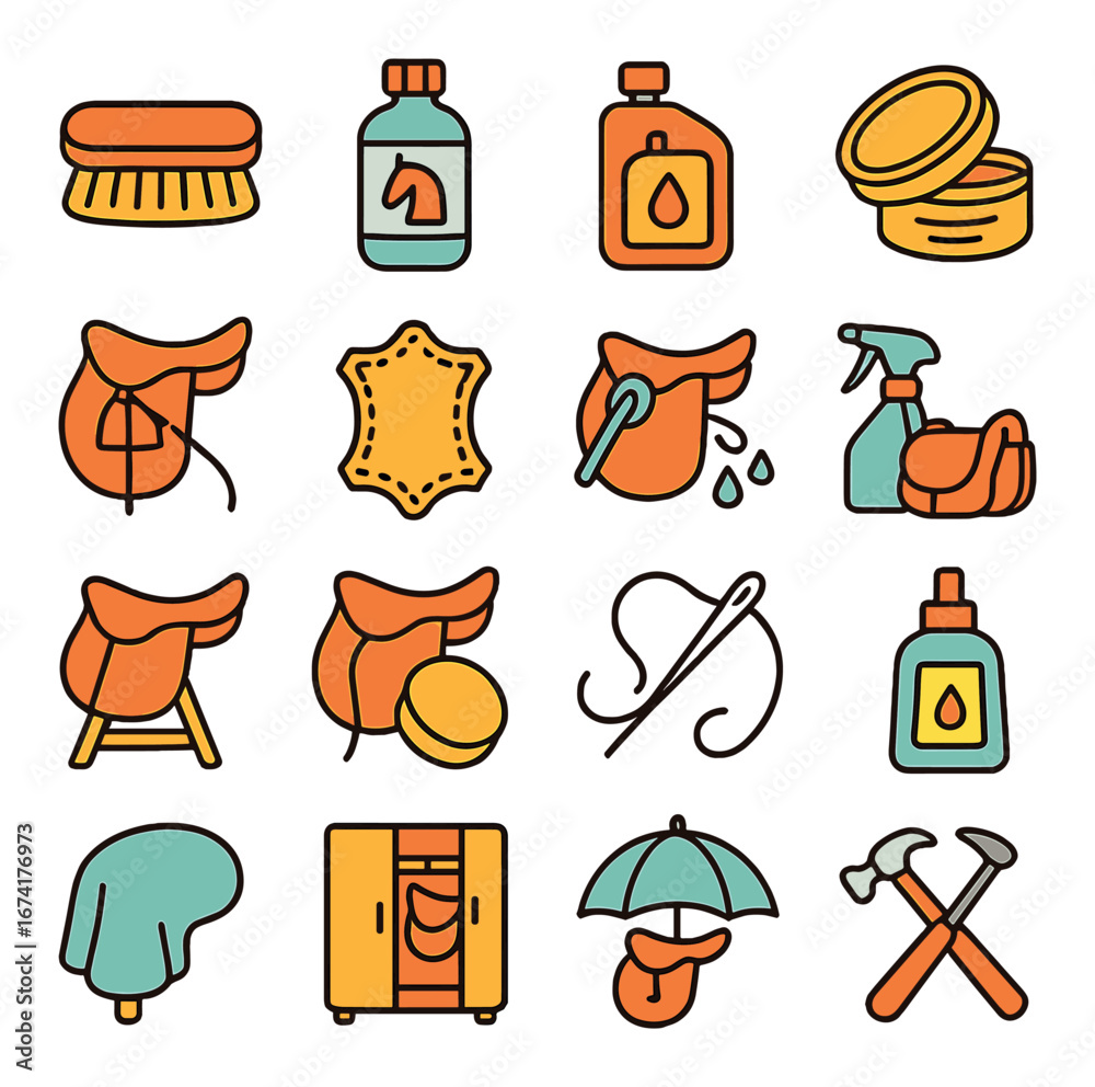 Fototapeta premium Linear equestrian icon set featuring brush, saddle, shampoo, oil, stitching, spray, and tack symbols