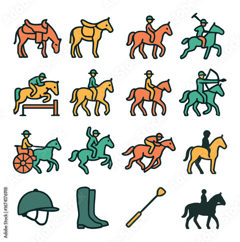 Linear equestrian icon set featuring polo, jumping, racing, vaulting, dressage, and riding symbols