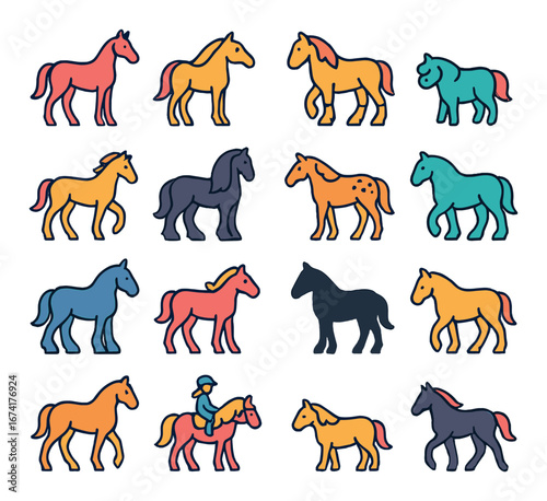 Linear horse icon set featuring unicorn, pony, jockey, gallop, trot, stallion, mare, and foal symbols
